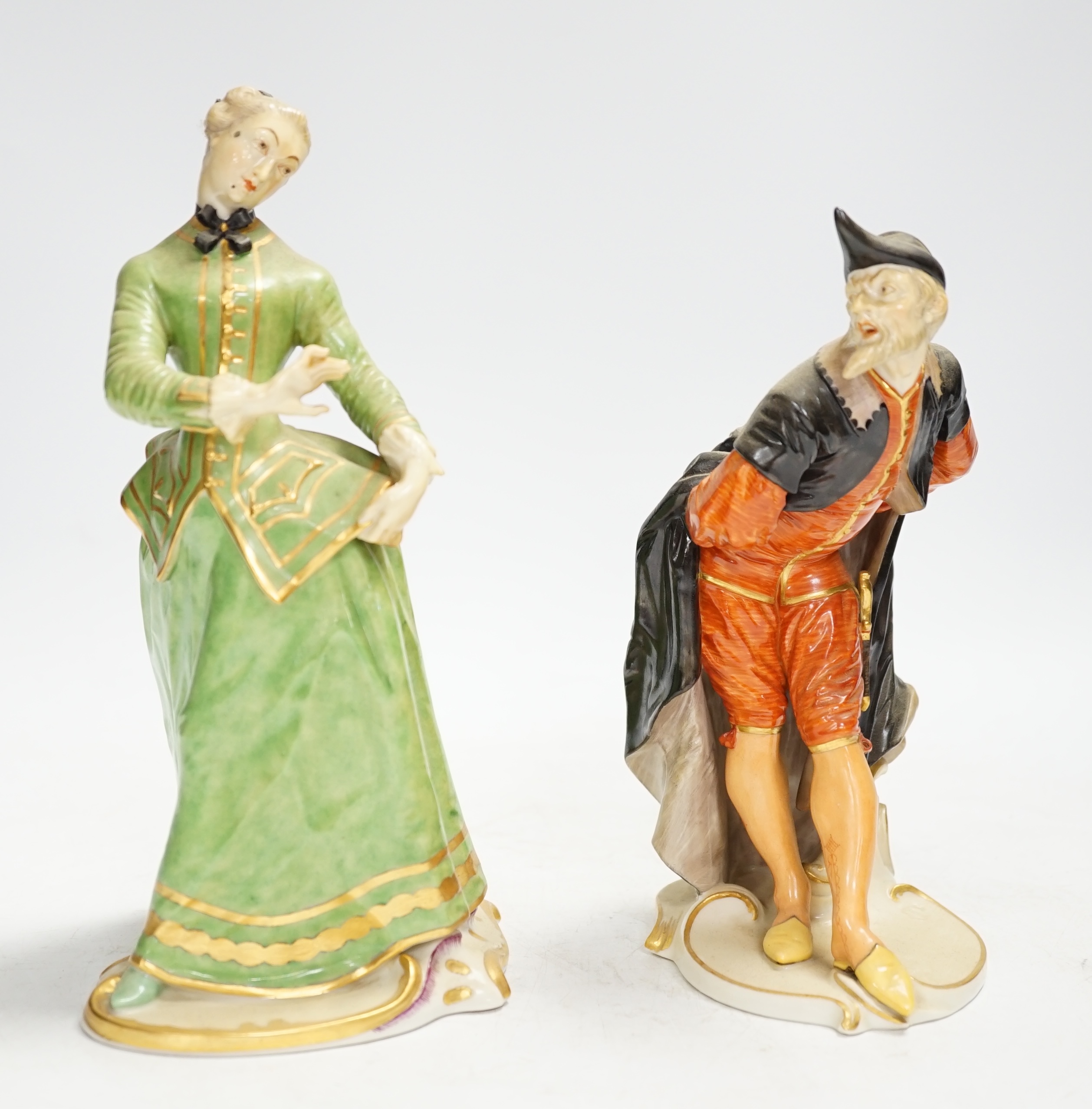 Two Nymphenburg Commedia dell Arte figures, modelled by Bustelli, tallest 21cm high. Condition - loss to bow on her head, very grubby otherwise good condition